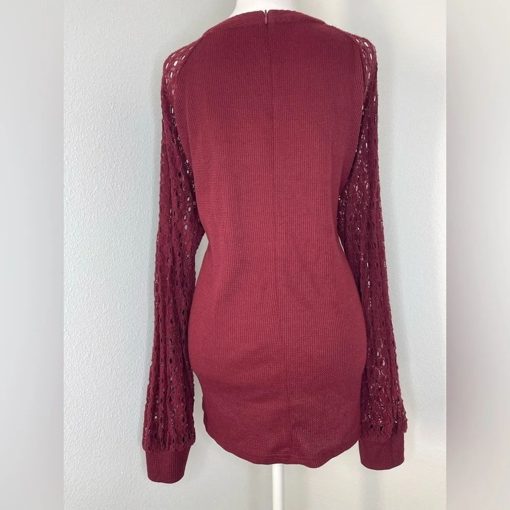 Burgundy Knit Sweater Tunic Lace Long Sleeves Back Zipper Closure Casual XXL